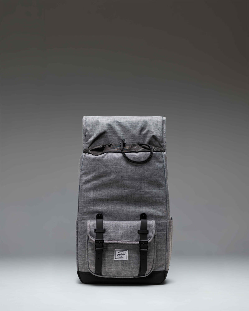Herschel Little America Mid Backpack in Raven Crosshatch heather gray with black rubber straps and a classic woven label.