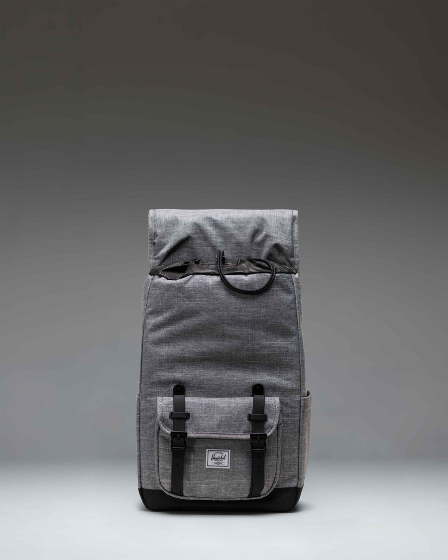 Herschel Little America Mid Backpack in Raven Crosshatch heather gray with black rubber straps and a classic woven label.