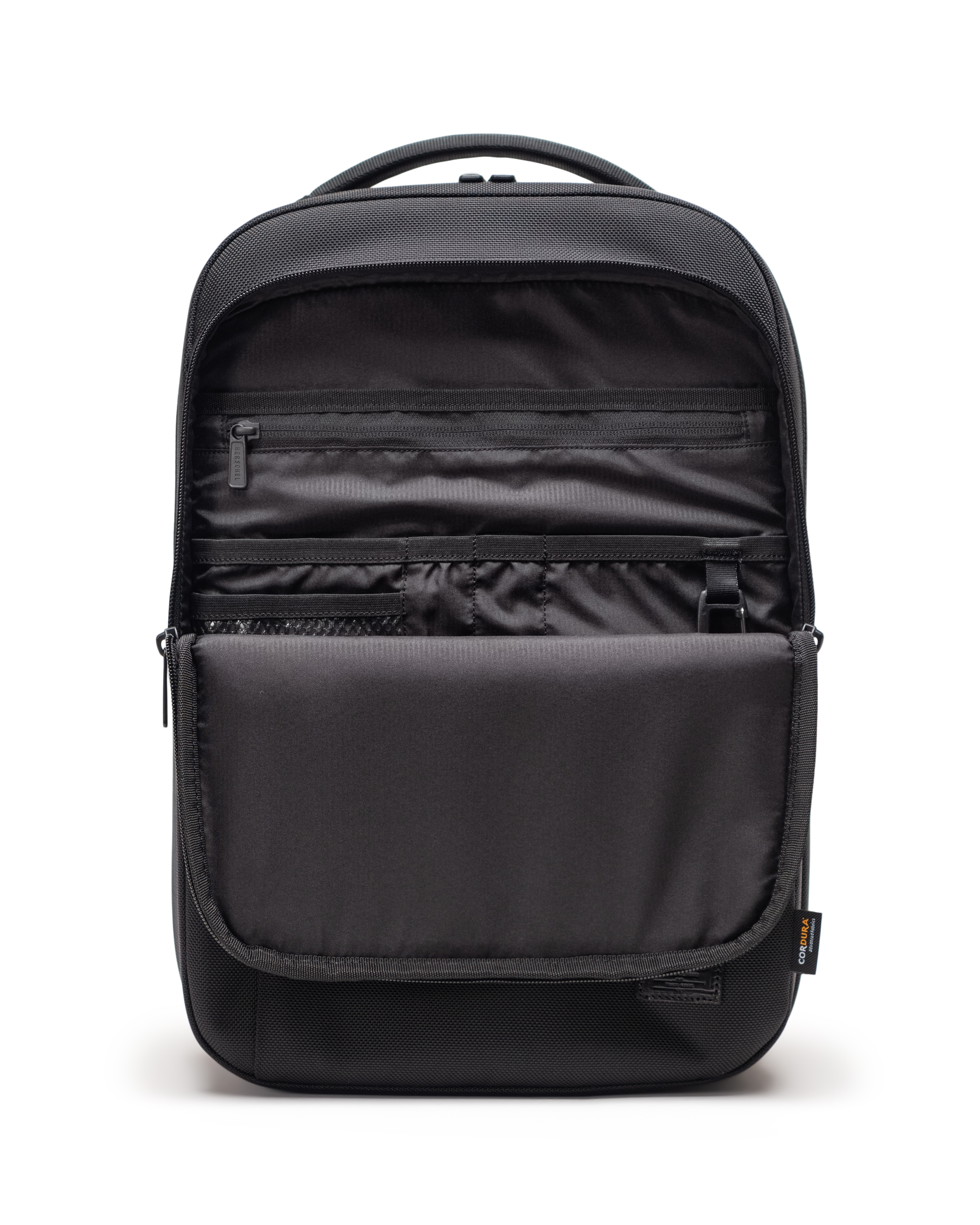 Herschel Supply Co. Kaslo Tech spec sheet showing size details for Daypack, Backpack, Travel Backpack, Camera Bag, and Tote.