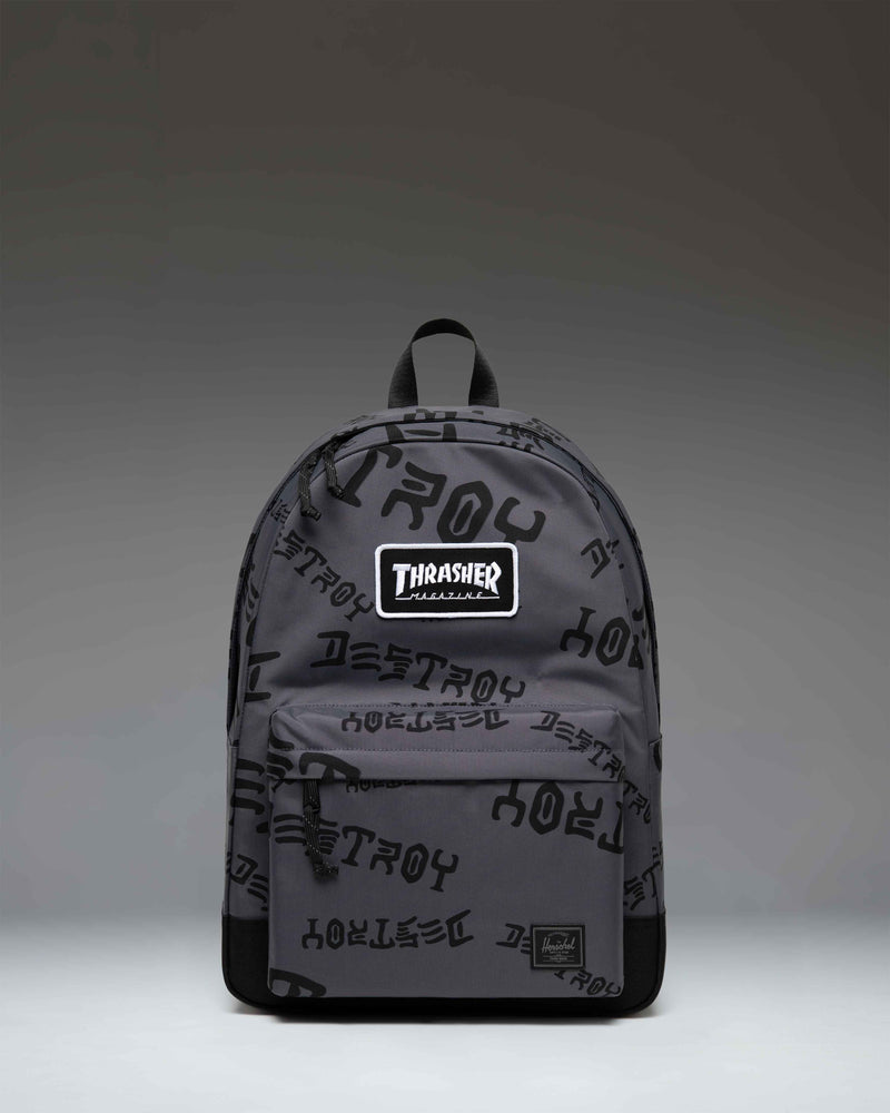 Herschel Supply Co. x Thrasher Classic XL Backpack Nylon in Asphalt/Black Destroy with signature branding and dual water bottle pockets.